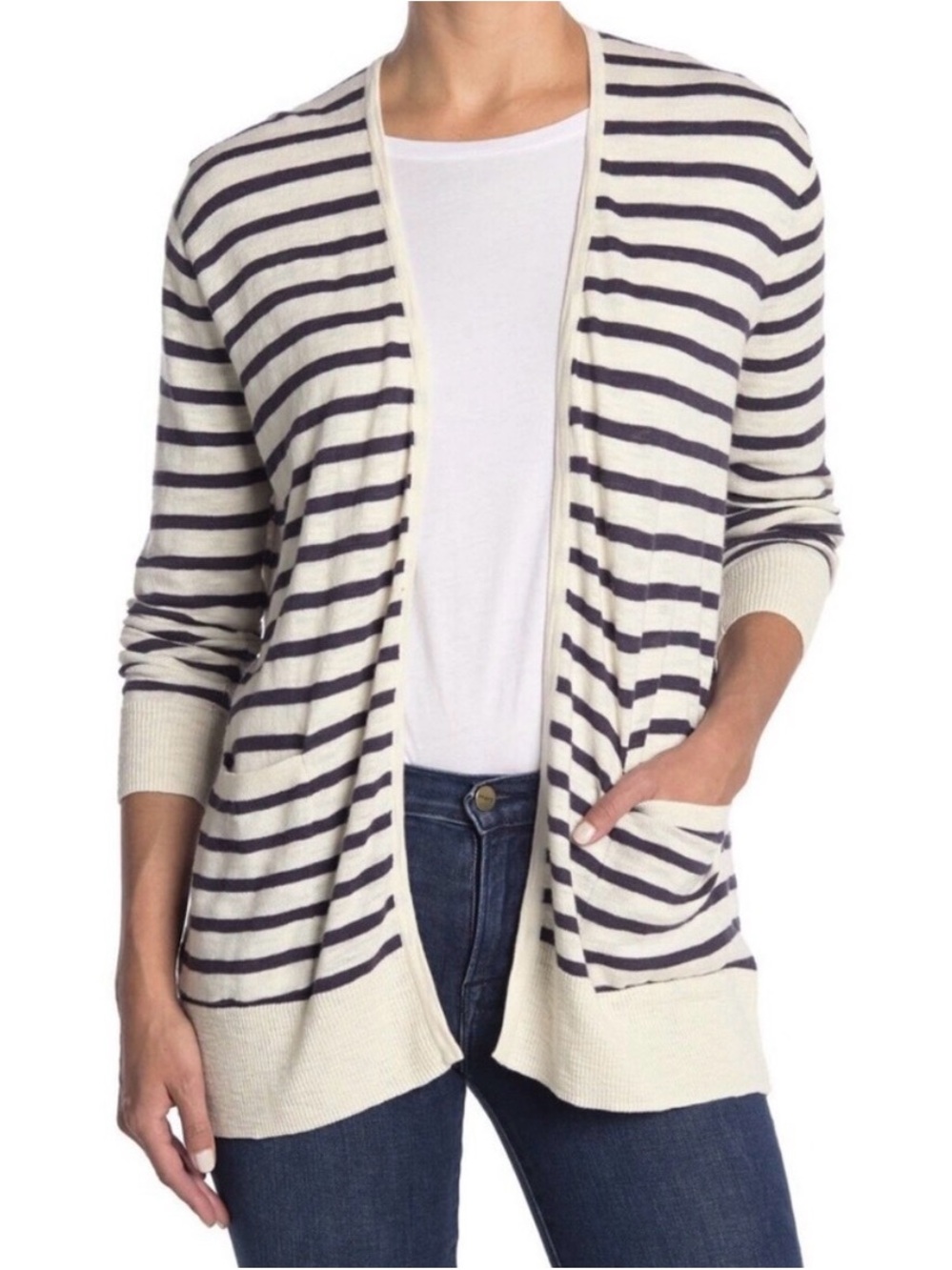 Madewell Striped Cotton Cardigan Sweater Thin Lightweight Pockets Cream XS